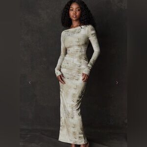 House of CB Lanetta Ruched pale Sage Print Maxi Dress